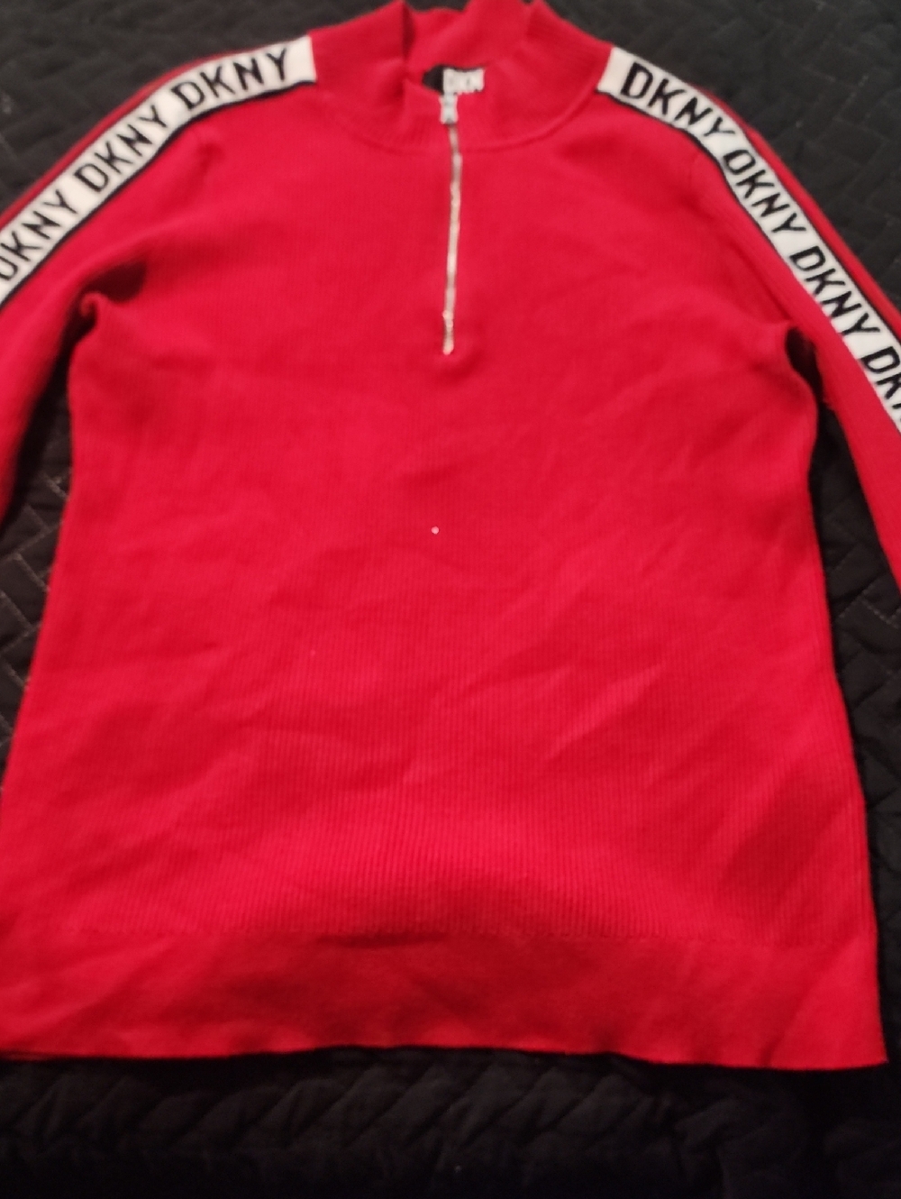 DKNY Red Half-Zip Sweater with Logo Sleeve Tape